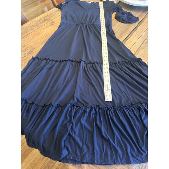 Boden Maxi Dress Size 2 Navy Blue Bell Sleeve V Neck Jersey Knit Tiered Ruffle - Picture 13 of 14